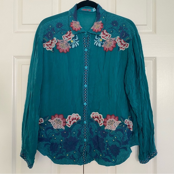 Johnny Was Tops - Johnny Was Mills Blouse Teal Button Floral Embroidered Long Sleeve Size Medium